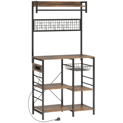 HOMCOM Estante de Cozinha com Três Tomadas e Luzes LED, Estante de Padaria Industrial com Prateleiras para Micro-ondas, Cesto de Rede Metálica, 10 Ganchos, Barra 80x42x162 cm, Castanho Rústico