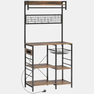 HOMCOM Estante de Cozinha com Três Tomadas e Luzes LED, Estante de Padaria Industrial com Prateleiras para Micro-ondas, Cesto de Rede Metálica, 10 Ganchos, Barra 80x42x162 cm, Castanho Rústico