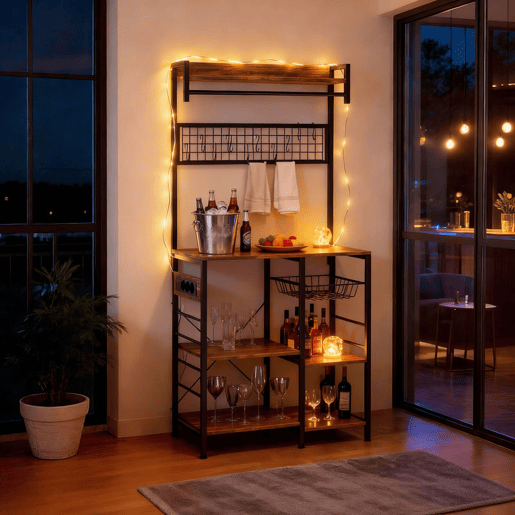 HOMCOM Estante de Cozinha com Três Tomadas e Luzes LED, Estante de Padaria Industrial com Prateleiras para Micro-ondas, Cesto de Rede Metálica, 10 Ganchos, Barra 80x42x162 cm, Castanho Rústico