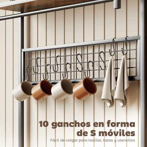 HOMCOM Estante de Cozinha com Três Tomadas e Luzes LED, Estante de Padaria Industrial com Prateleiras para Micro-ondas, Cesto de Rede Metálica, 10 Ganchos, Barra 80x42x162 cm, Castanho Rústico