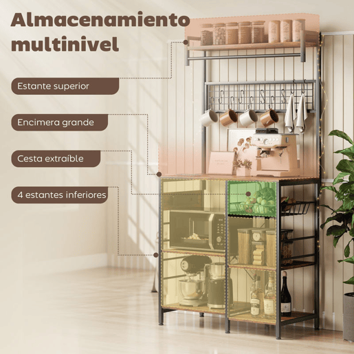 HOMCOM Estante de Cozinha com Três Tomadas e Luzes LED, Estante de Padaria Industrial com Prateleiras para Micro-ondas, Cesto de Rede Metálica, 10 Ganchos, Barra 80x42x162 cm, Castanho Rústico