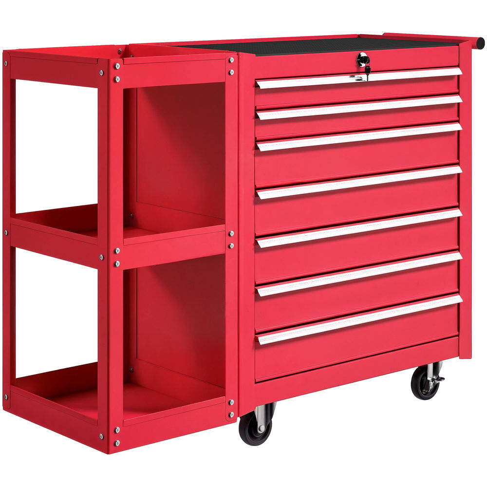 Homcom carro de herramientas con 7 cajones, carro de taller con estantería de 3 niveles desmontable, sistema de cierre central, asa, 2 ruedas con freno de bloqueo, rojo