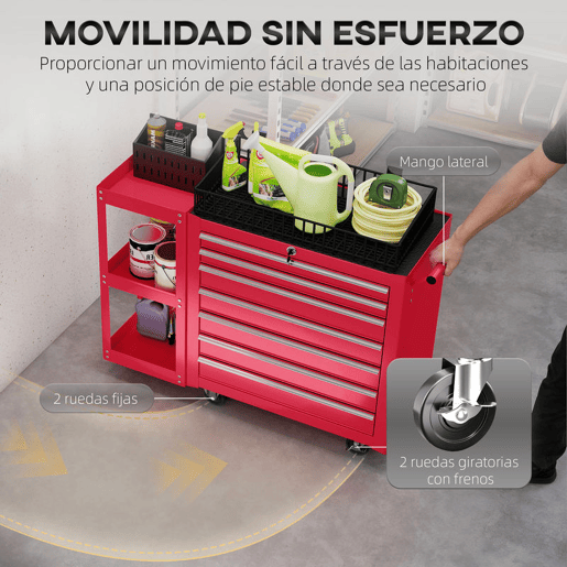 HOMCOM Carrinho de Ferramentas com 7 Gavetas Carrinho de Oficina com Estante de 3 Níveis Removível Sistema de Fecho Central Asa 2 Rodas com Travão de Bloqueio Vermelho