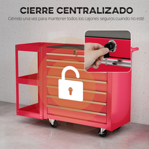 HOMCOM Carrinho de Ferramentas com 7 Gavetas Carrinho de Oficina com Estante de 3 Níveis Removível Sistema de Fecho Central Asa 2 Rodas com Travão de Bloqueio Vermelho