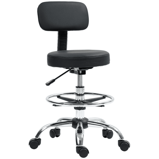 HOMCOM Banco Giratório com Rodas e Encosto Apoio para Pés Altura Ajustável Estofado em Couro Sintético para Escritório, Quarto 52x52x78-92 cm Preto