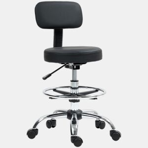 HOMCOM Banco Giratório com Rodas e Encosto Apoio para Pés Altura Ajustável Estofado em Couro Sintético para Escritório, Quarto 52x52x78-92 cm Preto