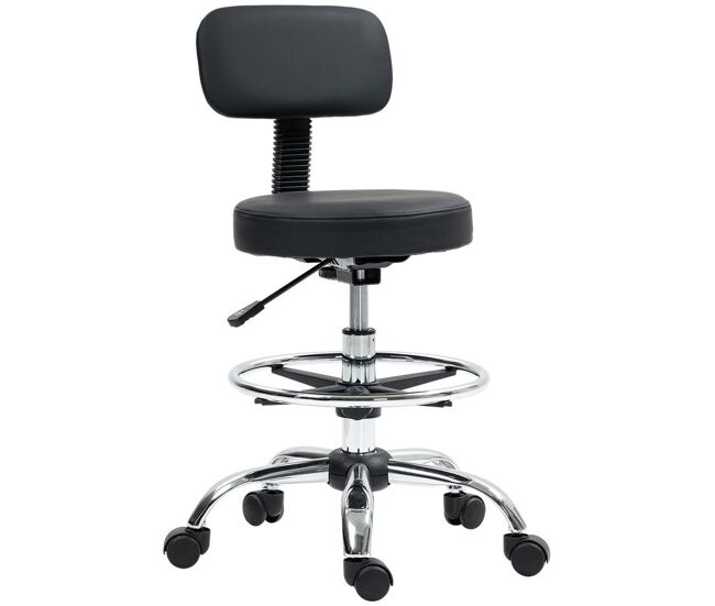 Homcom taburete giratorio, taburete con ruedas y respaldo, reposapiés, altura ajustable, tapizado en cuero sintético, para oficina, dormitorio, negro