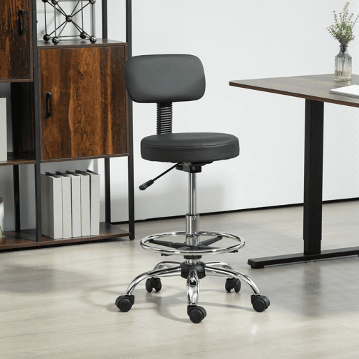 HOMCOM Banco Giratório com Rodas e Encosto Apoio para Pés Altura Ajustável Estofado em Couro Sintético para Escritório, Quarto 52x52x78-92 cm Preto