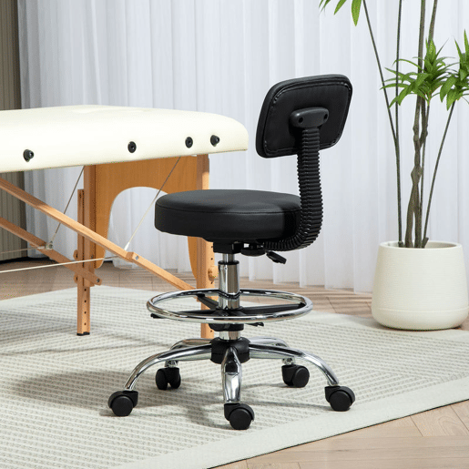 HOMCOM Banco Giratório com Rodas e Encosto Apoio para Pés Altura Ajustável Estofado em Couro Sintético para Escritório, Quarto 52x52x78-92 cm Preto