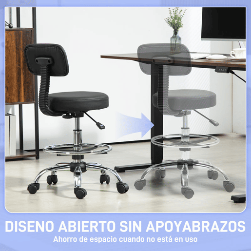 HOMCOM Banco Giratório com Rodas e Encosto Apoio para Pés Altura Ajustável Estofado em Couro Sintético para Escritório, Quarto 52x52x78-92 cm Preto