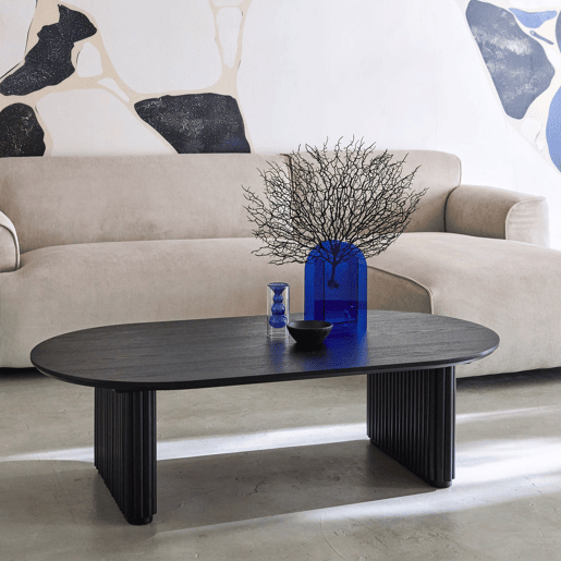 Mesa de centro oval madeira de seringueira folheado carvalho, Gabrielle, Preto, 122x65x35 cm