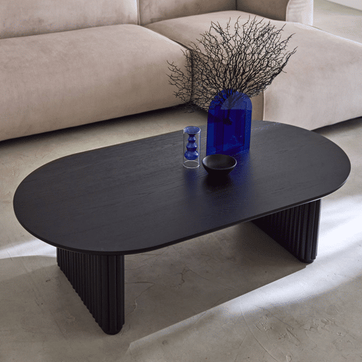 Mesa de centro oval madeira de seringueira folheado carvalho, Gabrielle, Preto, 122x65x35 cm