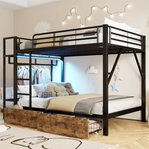 Beliche 140x200 cm - 2 gavetas, prateleiras, LED, barra para roupa - Preto