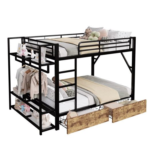 Beliche 140x200 cm - 2 gavetas, prateleiras, LED, barra para roupa - Preto