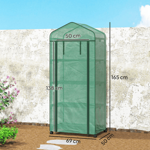 Outsunny Estufa de Exterior com 4 Prateleiras e Rodas Estufa de Jardim com Porta Enrolável Estrutura em Aço e Cobertura de PE 140g? Anti-UV para Terraço Pátio 69x50x165 cm Verde