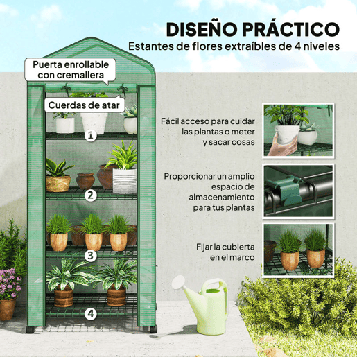 Outsunny Estufa de Exterior com 4 Prateleiras e Rodas Estufa de Jardim com Porta Enrolável Estrutura em Aço e Cobertura de PE 140g? Anti-UV para Terraço Pátio 69x50x165 cm Verde