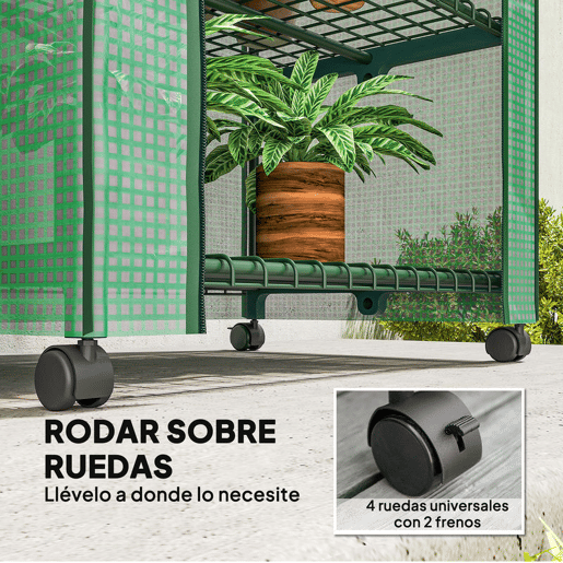 Outsunny Estufa de Exterior com 4 Prateleiras e Rodas Estufa de Jardim com Porta Enrolável Estrutura em Aço e Cobertura de PE 140g? Anti-UV para Terraço Pátio 69x50x165 cm Verde