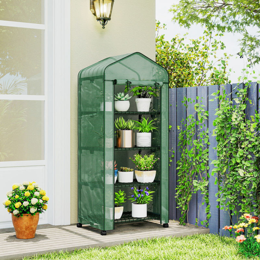 Outsunny Estufa de Exterior com 4 Prateleiras e Rodas Estufa de Jardim com Porta Enrolável Estrutura em Aço e Cobertura de PE 140g? Anti-UV para Terraço Pátio 69x50x165 cm Verde