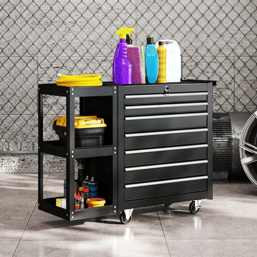 HOMCOM Carrinho de Ferramentas com 7 Gavetas Carrinho de Oficina com Estante de 3 Níveis Removível Sistema de Fecho Central Asa 2 Rodas com Travão de Bloqueio Preto