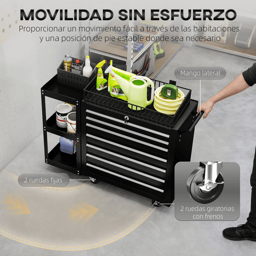 HOMCOM Carrinho de Ferramentas com 7 Gavetas Carrinho de Oficina com Estante de 3 Níveis Removível Sistema de Fecho Central Asa 2 Rodas com Travão de Bloqueio Preto