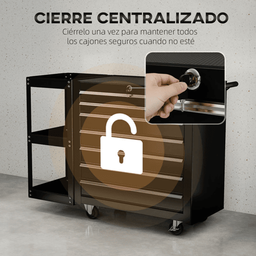 HOMCOM Carrinho de Ferramentas com 7 Gavetas Carrinho de Oficina com Estante de 3 Níveis Removível Sistema de Fecho Central Asa 2 Rodas com Travão de Bloqueio Preto