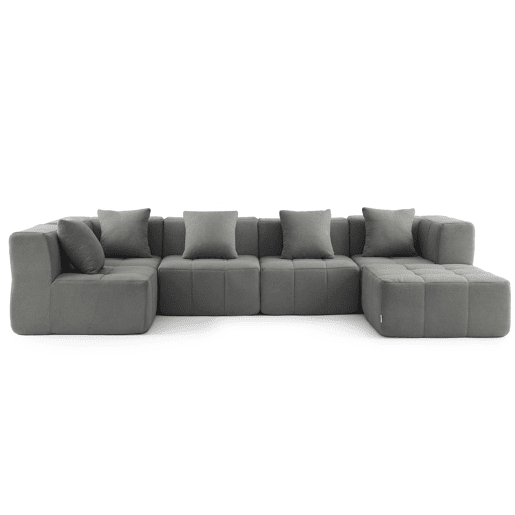 Sofá de canto modular de 5 lugares com chaise longue, tecido bouclé na cor cinza nuvem