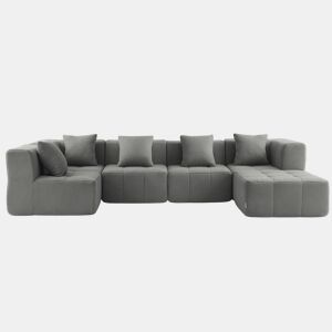 Sofá de canto modular de 5 lugares com chaise longue, tecido bouclé na cor cinza nuvem