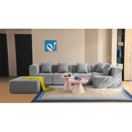 Sofá de canto modular de 5 lugares com chaise longue, tecido bouclé na cor cinza nuvem