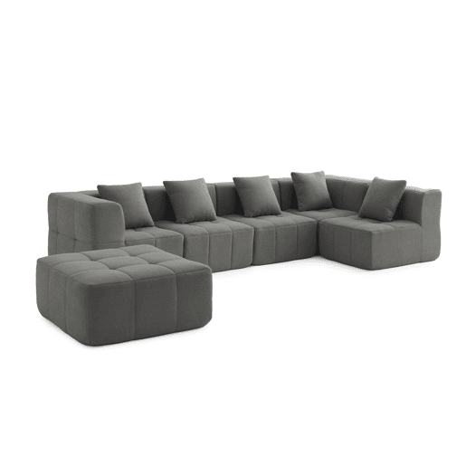 Sofá de canto modular de 5 lugares com chaise longue, tecido bouclé na cor cinza nuvem