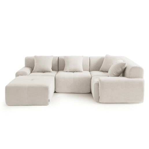Sofá de canto modular de 4 lugares com chaise longue, tecido chenille na cor branco marfim