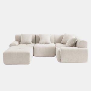 Sofá de canto modular de 4 lugares com chaise longue, tecido chenille na cor branco marfim