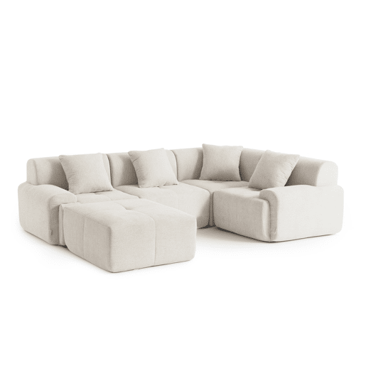Sofá de canto modular de 4 lugares com chaise longue, tecido chenille na cor branco marfim