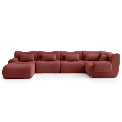 Sofá de canto modular de 5 lugares com chaise longue, tecido bouclé na cor vermelho terracota