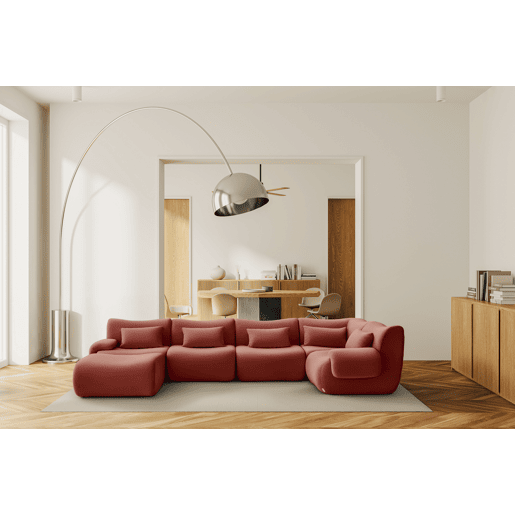 Sofá de canto modular de 5 lugares com chaise longue, tecido bouclé na cor vermelho terracota