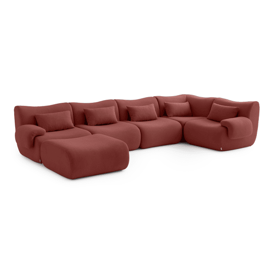 Sofá de canto modular de 5 lugares com chaise longue, tecido bouclé na cor vermelho terracota