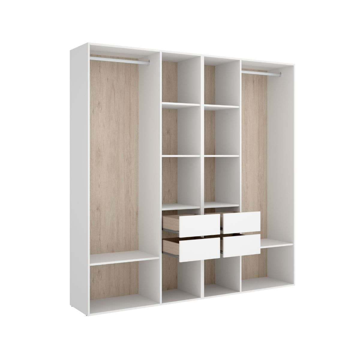 Armario vestidor suit reversible 4 cajones + 2 barras + 2 columnas blanco/natural 205x196x45 cm