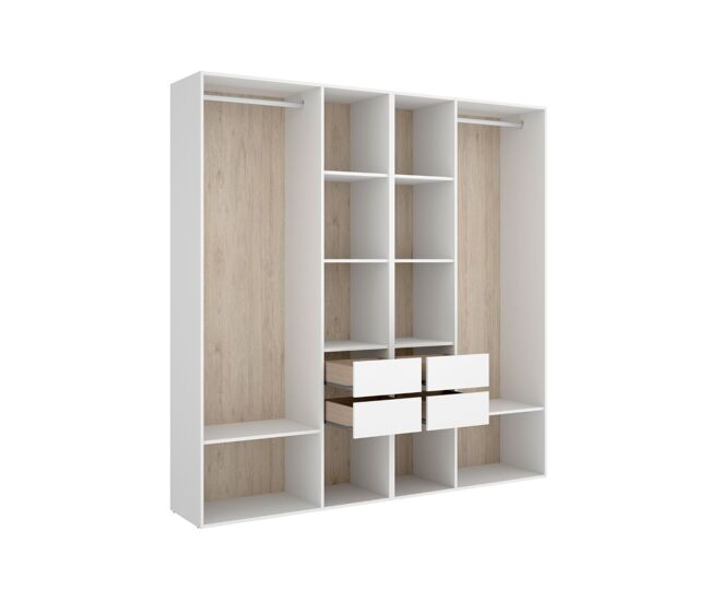 Armario vestidor suit reversible 4 cajones + 2 barras + 2 columnas blanco/natural 205x196x45 cm
