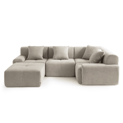 Sofá de canto modular de 4 lugares com chaise longue, tecido chenille na cor bege areia