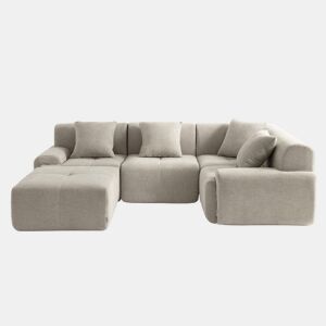 Sofá de canto modular de 4 lugares com chaise longue, tecido chenille na cor bege areia