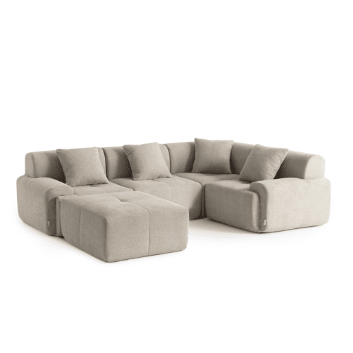 Sofá de canto modular de 4 lugares com chaise longue, tecido chenille na cor bege areia