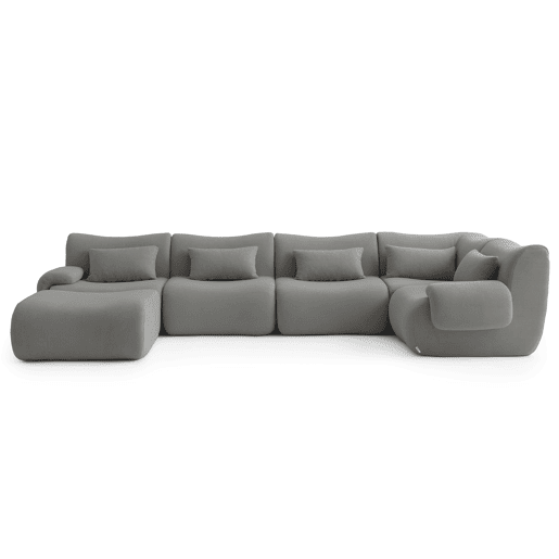 Sofá de canto modular de 5 lugares com chaise longue, tecido bouclé na cor cinza nuvem