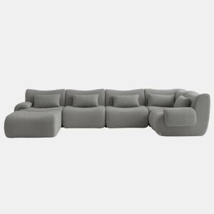 Sofá de canto modular de 5 lugares com chaise longue, tecido bouclé na cor cinza nuvem