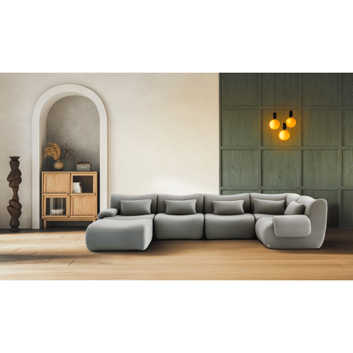 Sofá de canto modular de 5 lugares com chaise longue, tecido bouclé na cor cinza nuvem