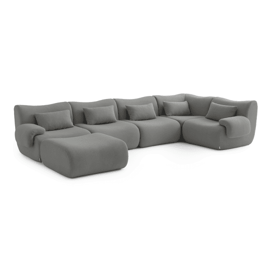 Sofá de canto modular de 5 lugares com chaise longue, tecido bouclé na cor cinza nuvem