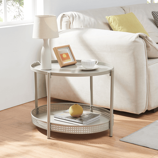 Mesa de centro Jäller oval com prateleira metal 66x51x44 cm Taupe en.casa
