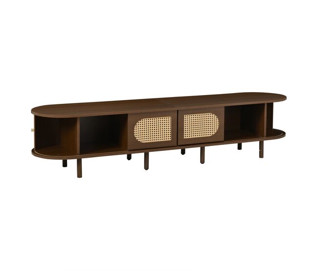 Mueble tv 180x40x40 cm - rattan, 2 puertas + 2 correderas, para tv hasta 80" - nogal oscuro
