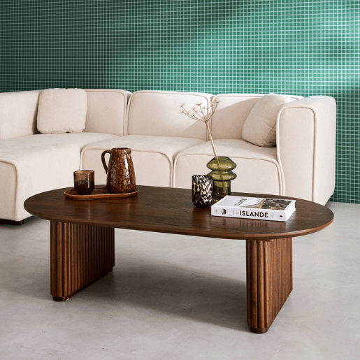 Mesa de centro oval madeira de seringueira folheado carvalho, Gabrielle, Madeira de nogueira, 122x65x35 cm