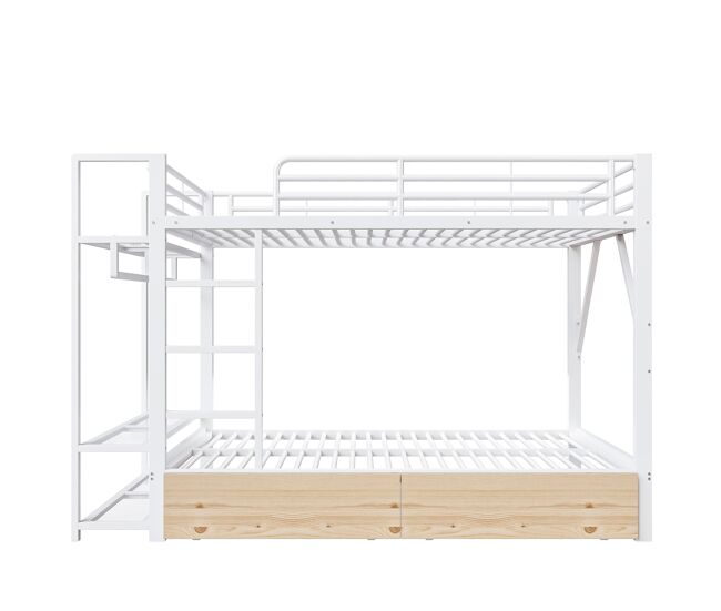 Litera 140x200 cm - 2 cajones, estantes, led, barra ropa - blanco