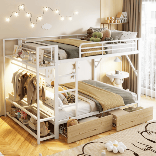 Beliche 140x200 cm - 2 gavetas, prateleiras, LED, barra para roupa - Branco