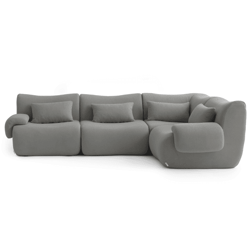 Sofá de canto modular de 4 lugares, tecido bouclé na cor cinza nuvem